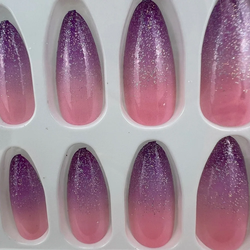 Valentine's 24pcs Set Press On Nails‎ Pink Purple Ombre Glitter Almond Shape